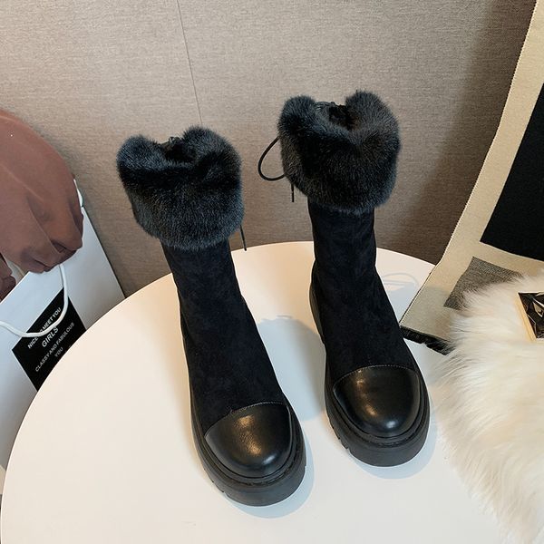 

new mid 2021 winter calf female snow return woman's lace boots pour les femmes flat-skinned warm shoes black 35-40 g03u