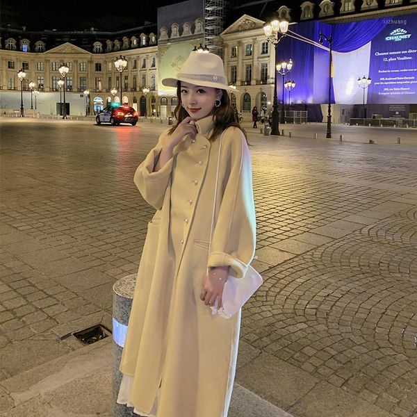 

women's wool & blends 2021 high grade double-sided woolen coat in long doll collar fashion a-line loose women winter warm1, Black