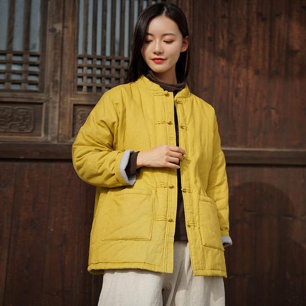 

women's down & parkas 2021 winter linen chinese style national retro loose padded buckle cotton-padded jacket distressed, Black