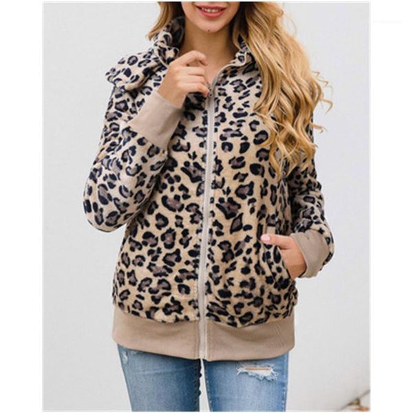 

coat fashion trend thicken long sleeve cardigan zipper hooded outerwear designer female winter new loose casual coats ladies leopard plush, Black;brown