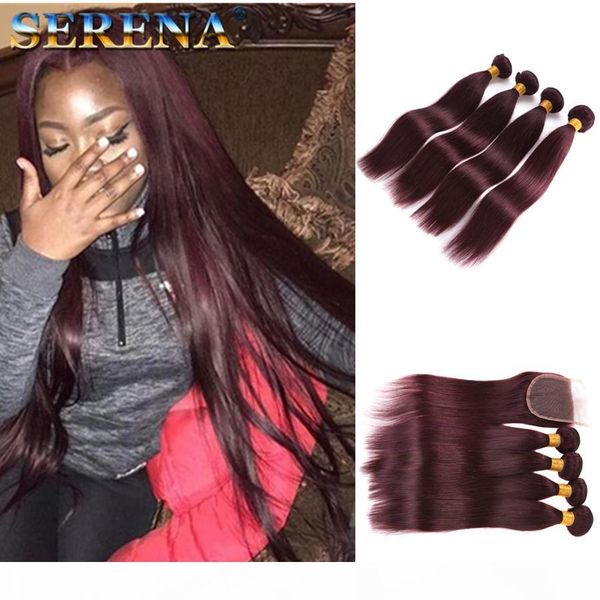 

mink mongolian virgin hair with closure straight human hair bundles with weaves closure 5 pcs 99j red hair bundles with lace closure bundles, Black;brown