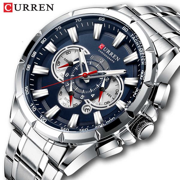 

curren mens watches brand luxury chronograph quartz waterproof sport wrist watch men stainless steel male clock, Silver