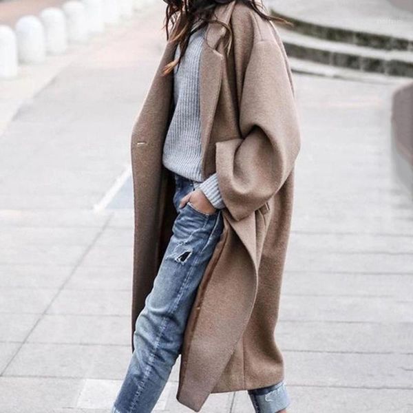

plain wool blends women elegant office ladies korean basic khaki long overcoat single breasted retro winter coat minimalist1, Black