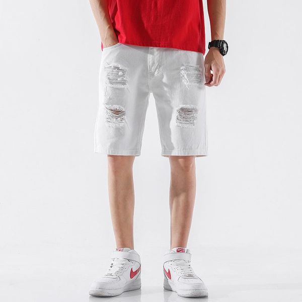 

summer men's trend solid color hole straight loose men's pants polyester cotton casual shorts regular pockets knee length, White;black