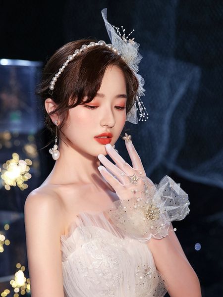 

lbeaded mengyao bride hairpin fashion sequins silk pearl hair band set headdress crystal earrings glove jewelry m, Silver