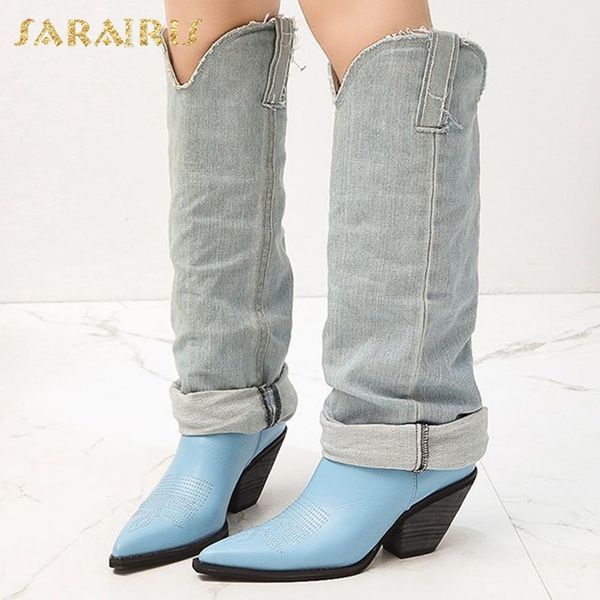 

sarairis 2020 new arrivals western denim boots woman shoes pointed to high-heeled spring autumn shoes ladies knee high boots, Black