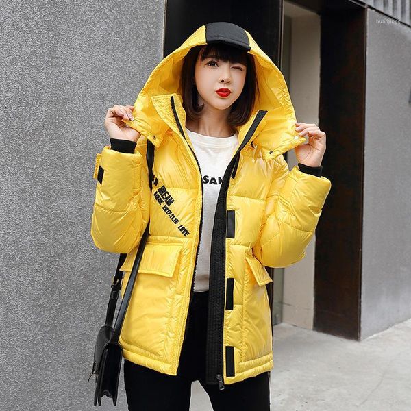 

streetwear winter jacket women 2020 down parkas female thicken warm coat candy colors glossy snow down outwear1, Black