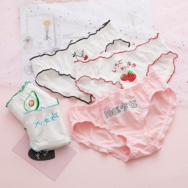 

cute sweet women's panties cartoon strawberry pattern ruffles underwear kawaii soft breathable cotton briefs for girl1, Black;pink