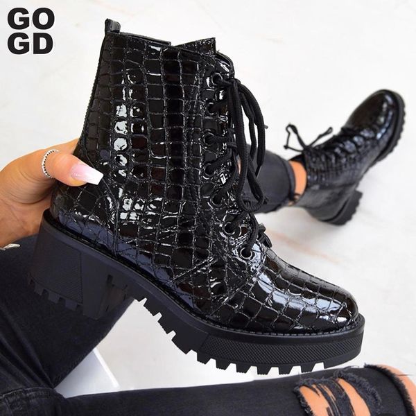 

gogd]lace-up black ankle boots autumn winter stone printboots women motorcycle boots 1026
