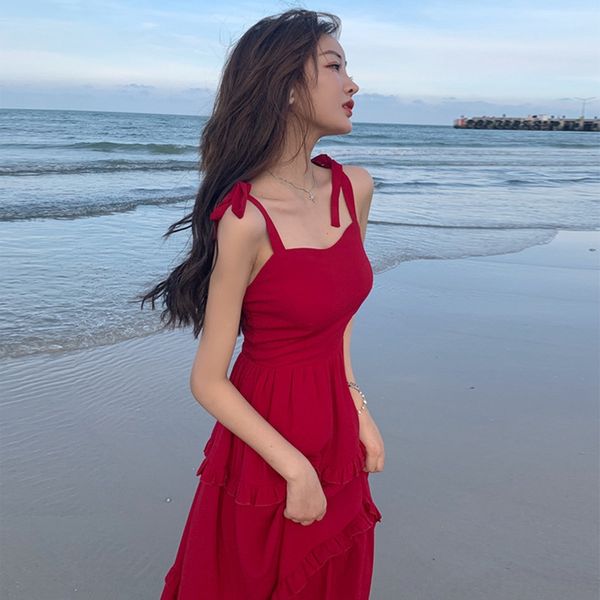 

sanya red beach 2020 new suspender beach skirt long skirt super fairy long dress medium length seaside holiday sling dress children summer j, Black;gray