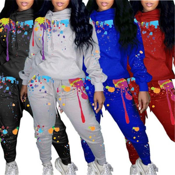 Женщины Splash Ink Tracksuits Мода Trend Trend Trend Рукав Личность с капюшоном Топы с капюшоном Брюки Драйвша Устанавливает Дизайнер Женский Повседневная Свободные 2 шт.