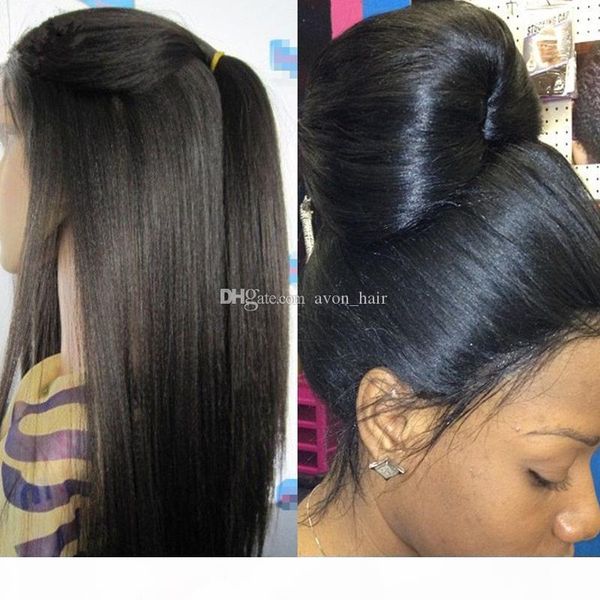 

180 density kinky straight full lace wig silk 4x4 malaysian human hair coarse yaki silk base glueless lace front wigs natural hairline, Black;brown