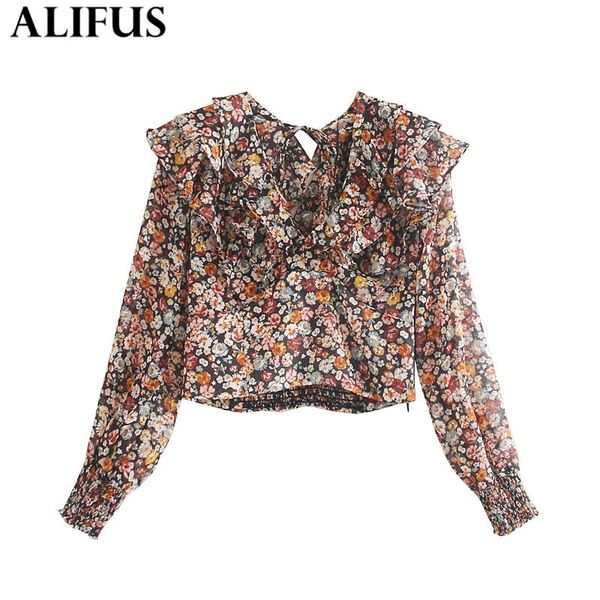

fashion za women floral printed elegant ruffles shirt v-neck shirts blouses loose ladies long sleeve short blusas y200402, White
