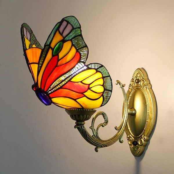 

wall lamp tiffany style butterfly indoor asile stair mounted sconce fixture bedroom bedside decoration lighting glass shade