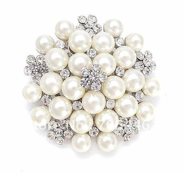 Vintage Silberfarbener Strass-Kristall-Diamant und Faux-Creme-Perlen-Cluster, große Brautstrauß-Anstecknadel, Brosche, Hochzeitseinladungsnadeln 2021