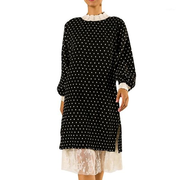 

autumn dresses women dot printing lace o-neck mini dress patchwork long sleeve belt fake two pieces dress vestdo de festa #lr31, Black;gray