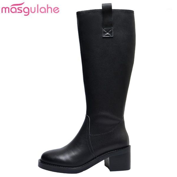

masgulahe 2020 genuine leather knee high boots fashion square heel round toe ladies shoes black winter women boots1