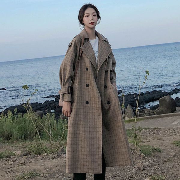 

[ewq] 2020 autumn new ladies mid-length windbreaker plaid lapel belt waist double-breasted fashion overcoat women lj201128, Tan;black