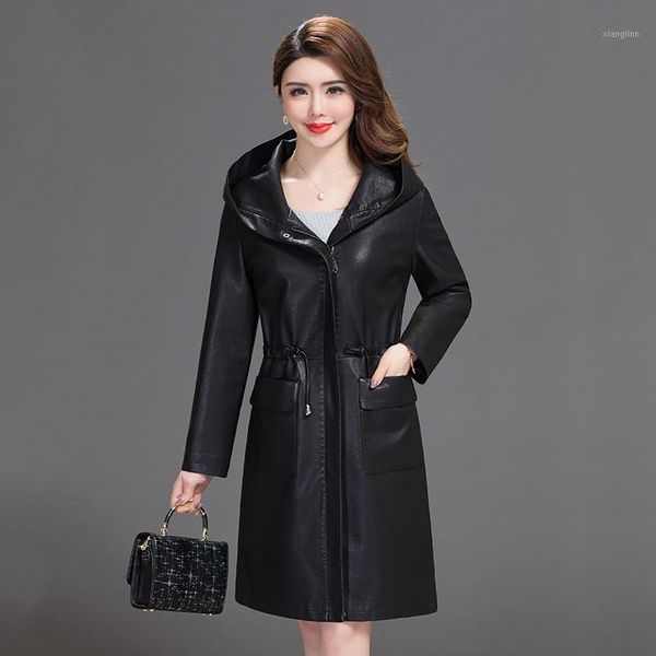 

women hooded faux leather long jacket new ladies washed leather trench coats female loose zipper outerwear clothing plus size1, Black