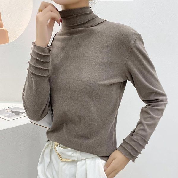 

semi-turtleneck stretch plain color undercoat with long sleeve german velvet thickened warm coat for women slim bodice with wavy, White;black
