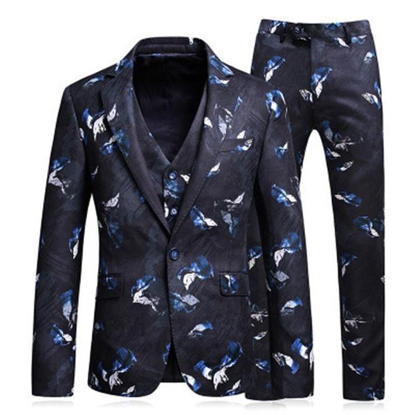 

men's suit men's business suit three-piece (jacket + pants + vest) printed fashion dress wedding groom dress, White;black