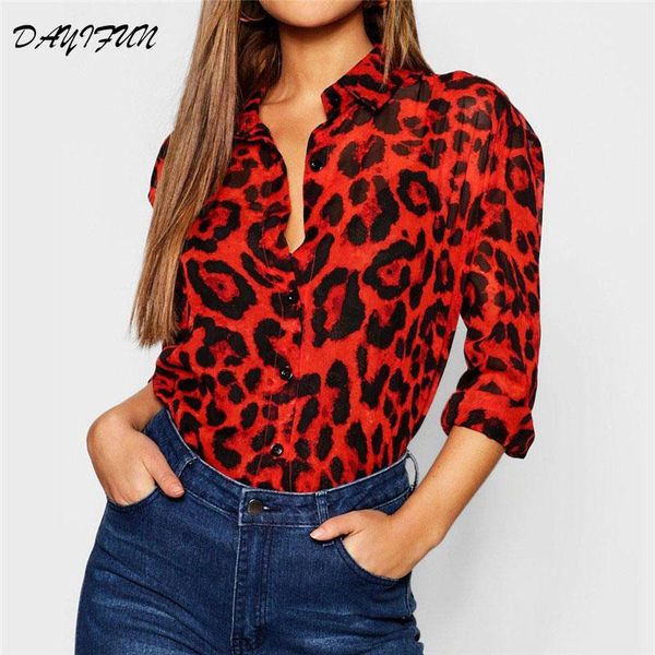 

women's blouses & shirts dayifun women blouse leopard print shirt long sleeve v-neck plus size chiffon camisa feminina clothing 7477, White