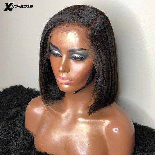 

13x4 lace front wig remy hair side part light yaki straight short bob wig lace front human hair wigs for black women, Black;brown