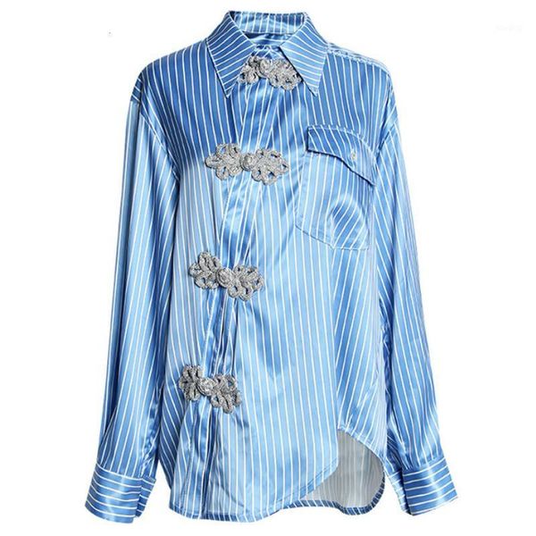

neploe retro striped women shirts new turn-down collar long sleeve blouse chinese style irregular threshold button 442681, White