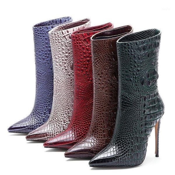 

boots 2021 brand women fashion super high heels ankle crocodile skin autumn pointed toe winter female calf1, Black