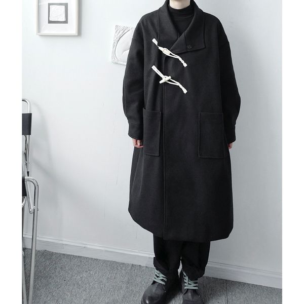 

designer wind ox horn button decorative oblique cardigan windbreaker men's loose profile woolen coat, Tan;black