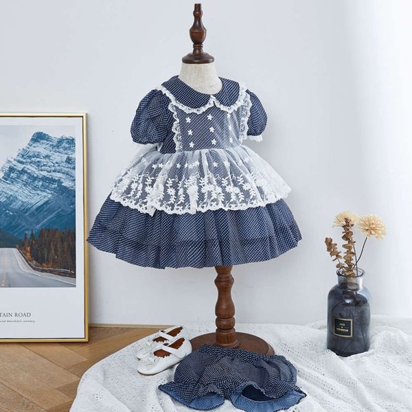 

new 2020 summer short sve girls' polka dot princs skirt children's chiffon printed drs, Blue