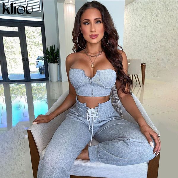 

kliou v-neck tracksuit women bandage fitness two piece set strapless crop high waist pants zipper streetwear female outfit x0923, Gray