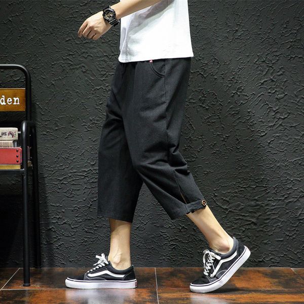 

2020 new cotton linen shorts men's capris summer loose thin fashion casual pants k57, White;black