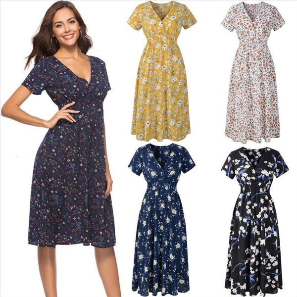 

plus size casual elastic waist boho dress women beach summer dresses floral print vintage chiffon midi dress vestido de festa, Black;gray