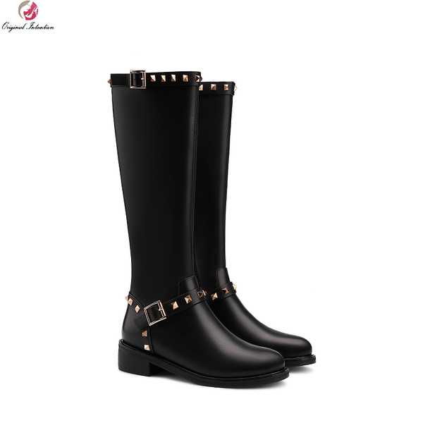 

boots 2021 fashion women black round toe patent knee high platform rivet heels shoes autumn winter female botas de mujer