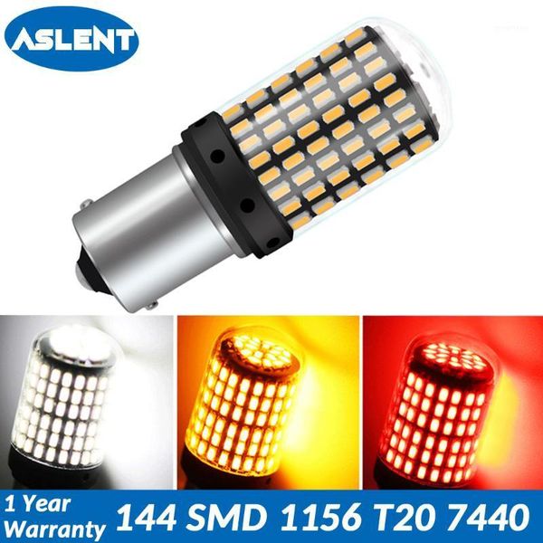 

aslent 1pcs t20 7440 w21w led bulbs 144 smd led canbus no error 1156 ba15s p21w bau15s py21w lamp for turn signal light no flash1