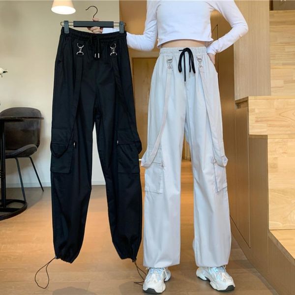 

early autumn 2021 new fashion korean style relaxed straight tube high waist work clothes suspenders casual pants women, Black;white