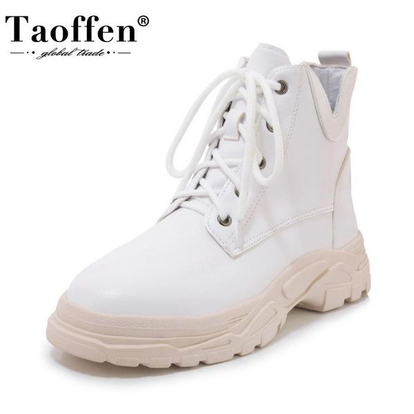 

boots taoffen women shoes ankle for round toe thick bottom lace up solid color outdoor ladies footwear size 29-43, Black