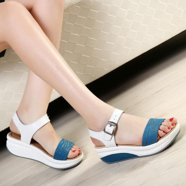 

women sandals 2020 summer new style season genuine leather slanted heel fish mouth thick bottomed extra high sandals, Black