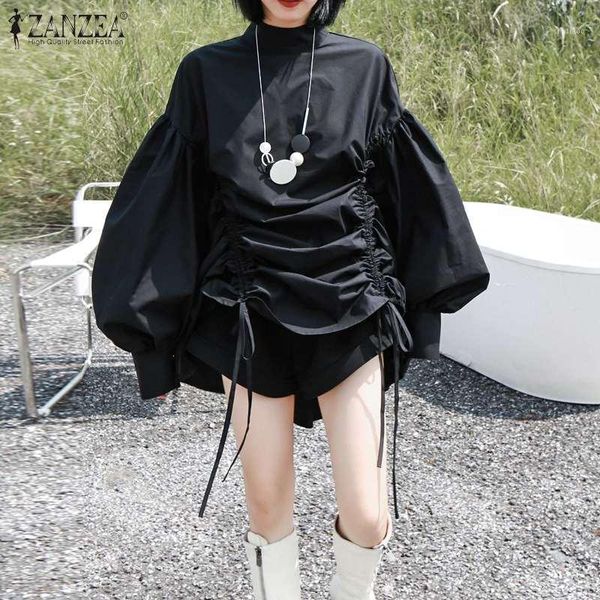 

stylish women long puff sleeve blouse zanzea spring drawstring pleated shirt casual asymmetrical loose solid blusas chemise1, White