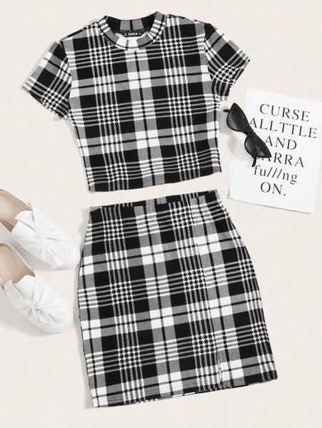 

mock neck plaid & skirt set y3nw#, White