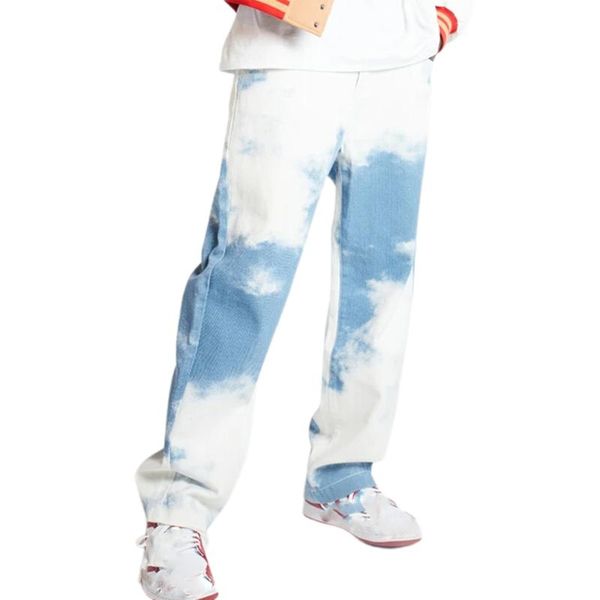 

men's jeans fashion men casual loose straight denim pants tie dye print sky blue long trouser street style