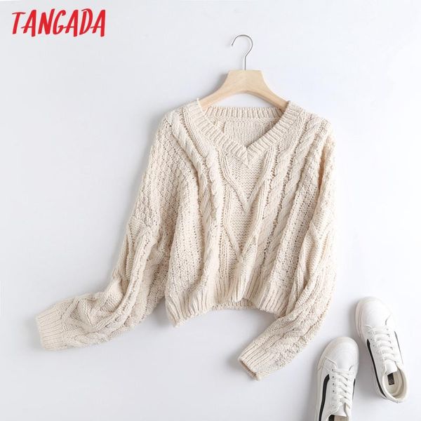 

women's sweaters tangada women v neck twist sweater oversized vintage ladies short style knitted jumper bc69, White;black