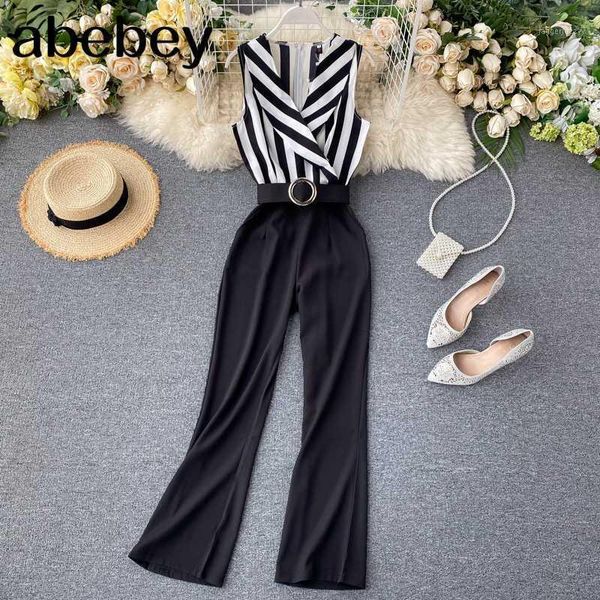 

women's jumpsuits & rompers 2021 slim notched striped print summer full length jumpsuit bandage casual high waist elegant women tank pl, Black;white