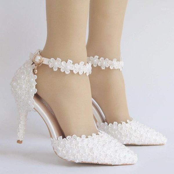 

2021 summer 9 cm stiletto sandals white lace flower party dress sandals plus size bride bridesmaid wedding shoes women1, Black