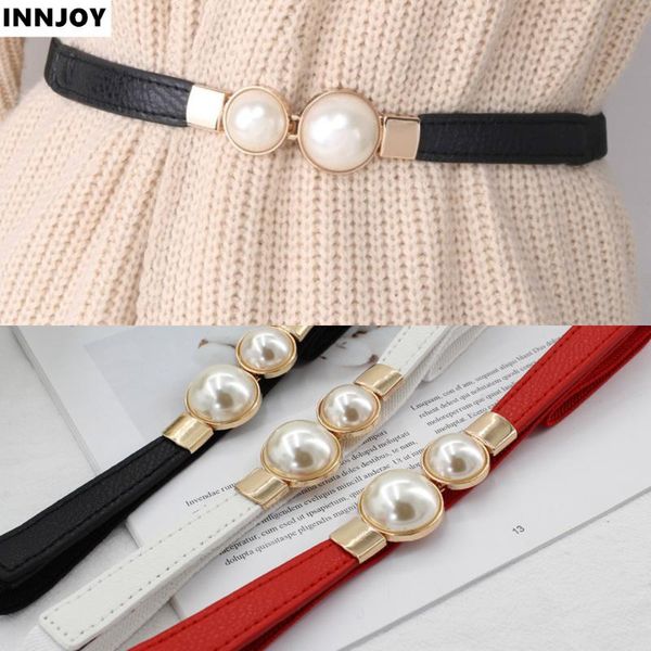 

women pu leather pearl belt female thin elastic waist belts fashion retro designer waistband girdle dress skirt decoration, Black;brown