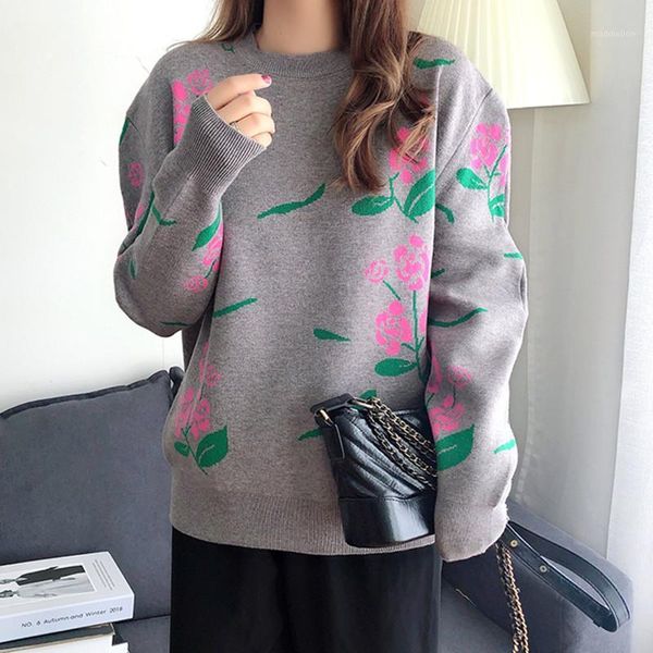 

women's sweaters elegant rose print knitted sweater female 2021 autumn winter fashion o-neck warm pullovers women sweaters1, White;black