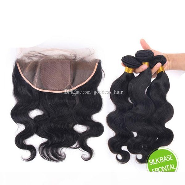 

8a peruvian body wave with silk base lace frontal 13*4 ear to ear silk 4*4 full lace frontals with bundles 4pcs lot, Black