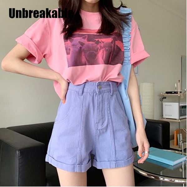 

women's jeans 7 colors 100% cotton 2021 summer denim roll up shorts women loose wide high waist ladies casual purple, Blue