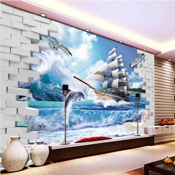 

wallpapers dropship po wallpaper 3d sailing dolphin sea view wall backdrop decorative painting mural custom lobby